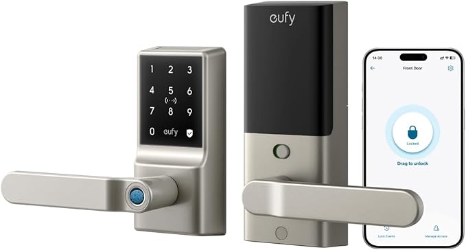 eufy Security Smart Lock C33, Keypad Door Lock with Handle, Fingerprint Door Knob, Keyless Entry Door Lock for Front Door and Bedrooms, Electronic Deadbolt, Wi-Fi, App Control, IP53 Waterproof, Nickel