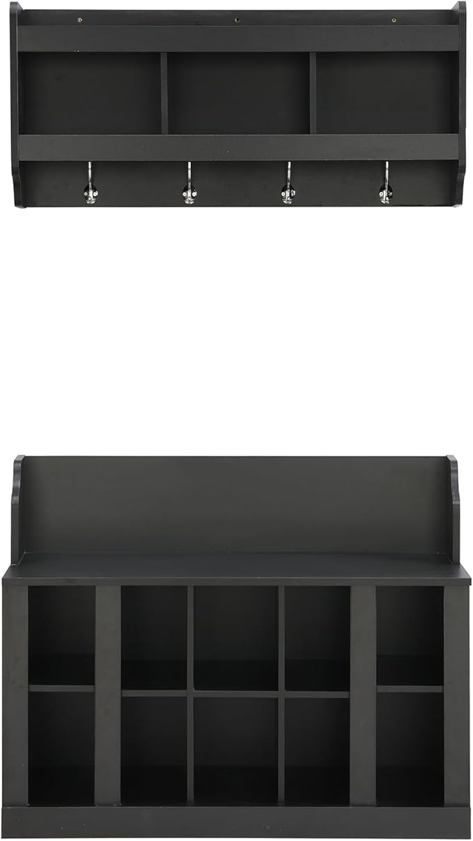 Shoe Storage Bench with Shelves and 4 Hooks, Elegant Hall Tree with Shoes Cubbies and Wall Mounted Coat Rack, Entryway Organizer For Hallway, Foyer, Mudroom, Black