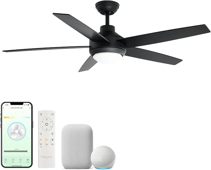 Airvana 52in 5-Blade Smart Indoor or Outdoor Ceiling Fan 2700K-6000K CCT Tunable Range LED Light Kit in Matte Black Works With iOS or Android App