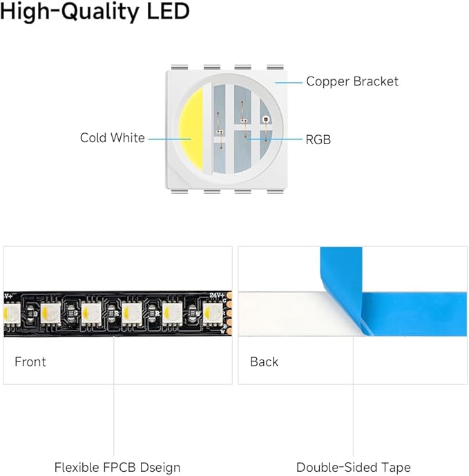 BTF-LIGHTING 5050 RGBW RGB+Cool White(6000K-7000K) 4 Colors in 1 LED 5m 16.4ft 96LED/m DC24V Multi-Colored LED Tape Lights IP30 Non-Waterproof Black PCB for Home Decoration(No Adapter or Controller)