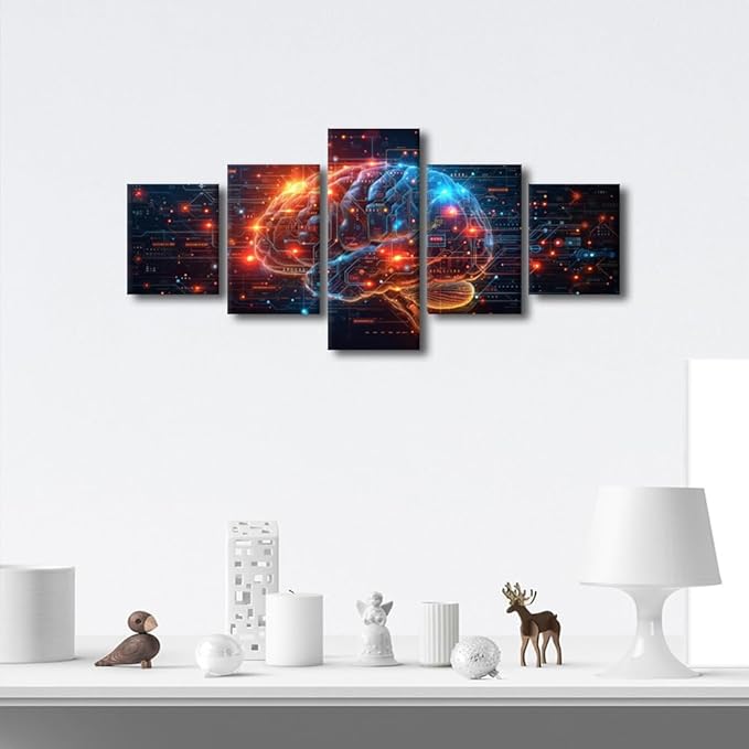 5 Panel Brain's Neural Networks Wall Art for Living Room Digital Code Pictures for Bedroom Wall Decor Artificial Intelligence Painting Wall Decorations for House Human Brain Prtins Artwork 50"Wx24"H