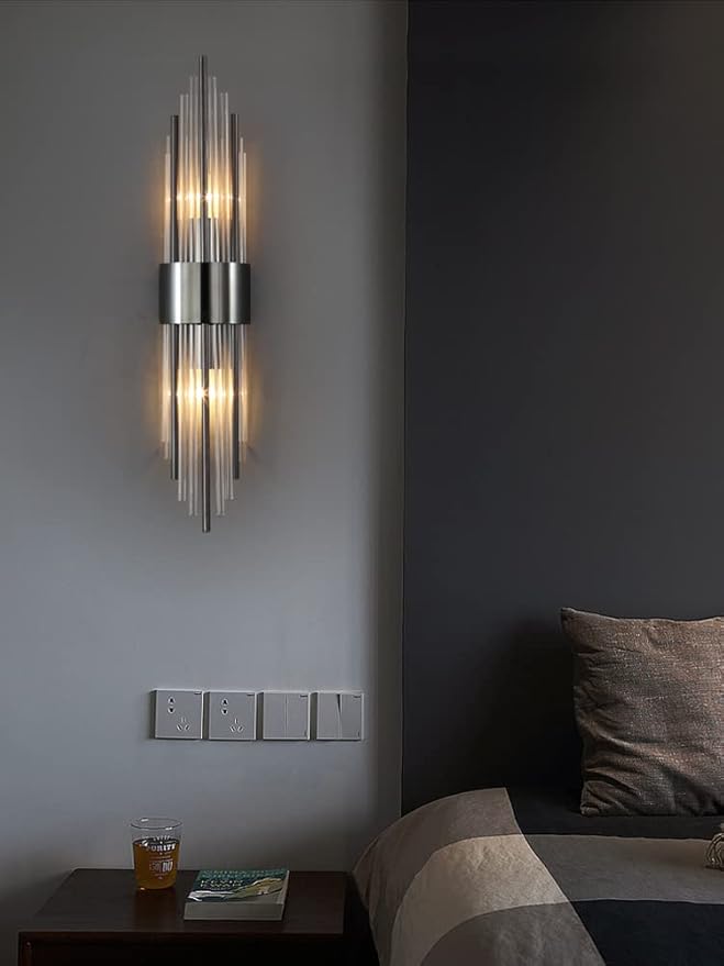 2-Light Modern Wall Sconce Titanium Black Metal with Clear Class Crystal Vanity Wall Sconce Lighting for Bedroom Living Room Bathroom Light Fixtures Set of 2