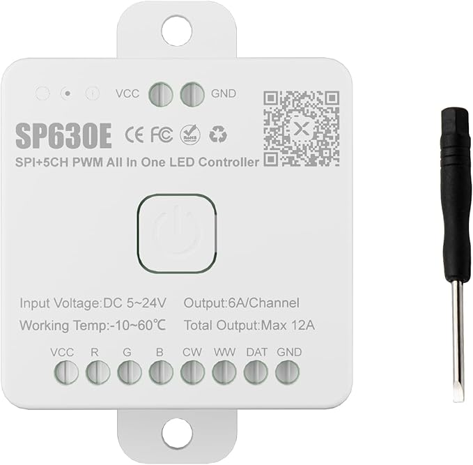 12-in-1 SP630E LED Controller, Bluetooth Music Sync App Control Support DC5-24V PWM Single Color CCT/RGB/RGBW/RGBCCT & SPI IC Chip COB SMD LED Strip Lights