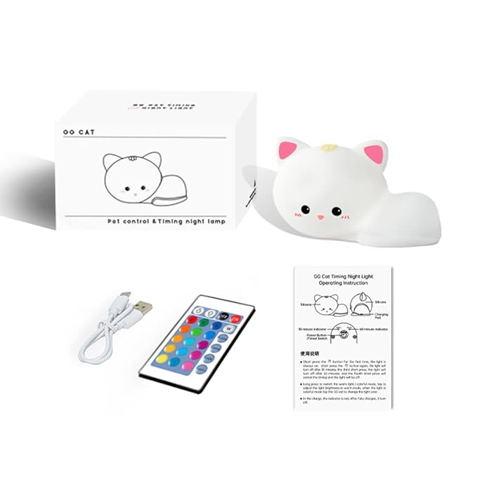 Led Cute Cat Night Light, 16 Colors Dimmable Nursery Kawaii Nightlight, Super Squishy Silicone USB Rechargeable Remote Control Night Lamp for Kids Adults, Used for Camping Party Room Decor