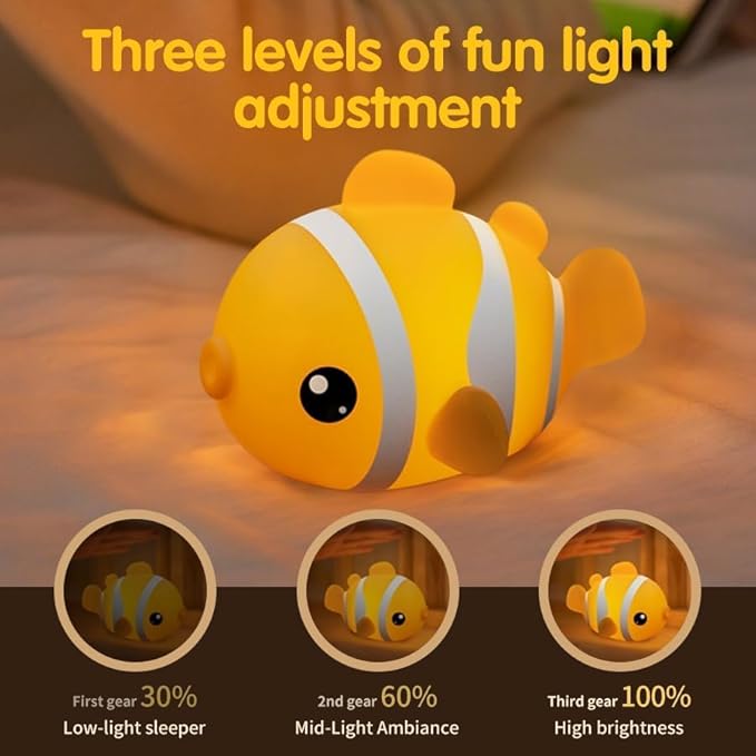 Cute Clownfish Night Light, Rechargeable LED Dimmable Silicone Lamp, Touch Control Novelty Bedside Light for Bedroom, Desk and Room Decor