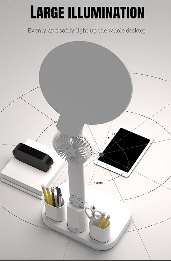 HURRISE Desk Lamp LED, LED Desk Lamps with Fans, Eye Care Foldable Touch Control Round USB Charging 3 Color Temperature Stepless Dimmable 3200mAh Clock Table Lamp with Fan Pen Holder
