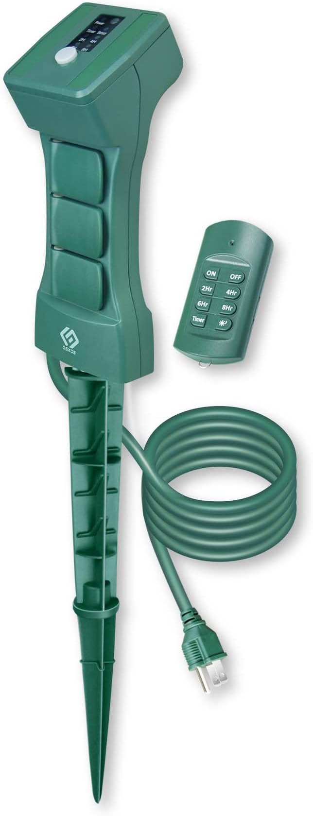Outdoor Remote Control Power Stake with Photocell Timer 2/4/6/8 Hour Countdown, Dusk to Dawn, 3 Grounded Outlets 6FT Cord, UL Listed, Green