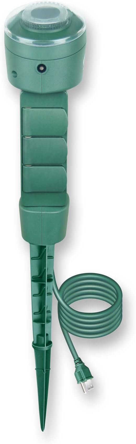Outdoor Power Stake, 3 Grounded Outlets with 180° Rotating Function and Safety Cover and Photocell Timer 2/4/6/8 Hour Countdown, Dusk to Dawn, 6FT Cord, UL Listed, Green