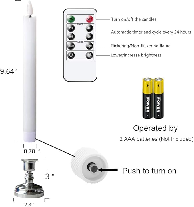 Wondise Flickering Taper Candles with Timer and Remote, 9 Inch Battery Operated 3D Wick Real Wax White Candles for Wedding Holday Christmas Decoration, Set of 6(D0.8 x H9.6 Inch)