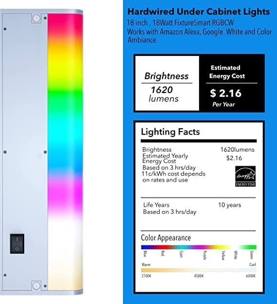 Smart Under Cabinet Lights for Kitchen Counter or Closet Lighting, Hardwired or Plug in, 2700-6500K Adjustable RGB Color Changing,Compatible with Alexa, Google 2-Pack (2-Bar 18 Inch)