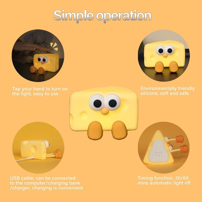Led Cute Cheese Night Light, Dimmable Nursery Kawaii Lamps, Super Squishy Silicone USB Rechargeable Touch Control Night Lamp for Kids Adults, Used for Camping Party Room Decor (Cheese)