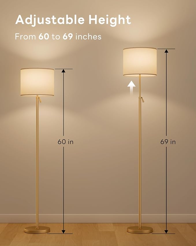 Floor Lamp for Living Room with RGBCW Color Changing Bulbs Dimmable, Adjustable Height Standing Lamp with Remote Control, 10W 1200 Lumen, Tall Lamp for Living Room, Bedroom, Office, Gold