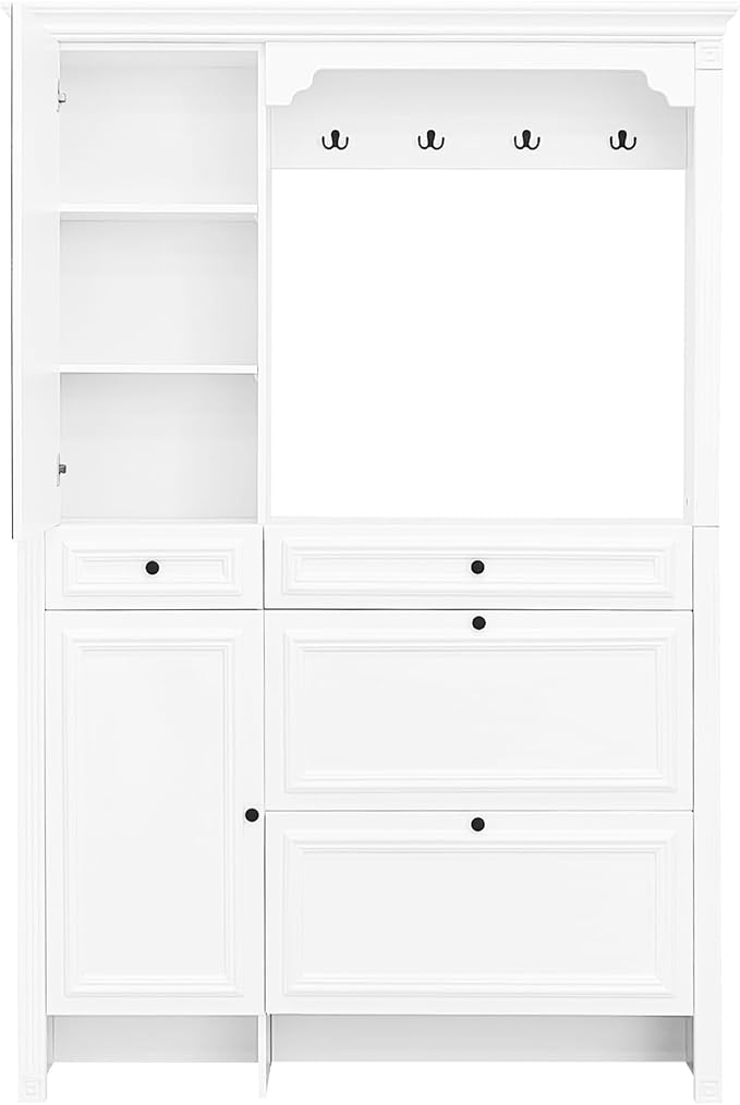Merax Hall Tree with Shoe Storage, Entryway Coat Rack with 4 Hooks, 2 Flip Drawers, and 2 Cabinets, Modern Hall Trees for Hallway, Living Room,White