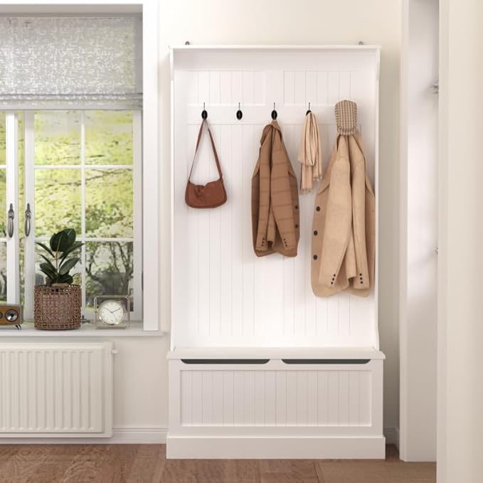 Hall Tree with Bench and Shoe Storage, Entryway Organizer with 5 Hooks, Cushioned Mudroom Storage Benchs with Coat Rack for Hallway and Living Room, White