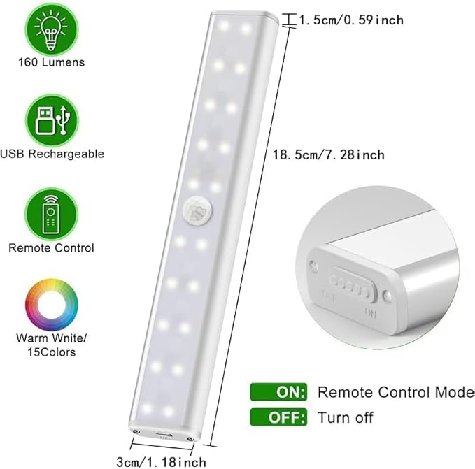15-Color RGB Under Cabinet Lighting, Wireless Rechargeable Closet Lights, 48-LED Super Bright Night Light with Remote,10-Level Dimming & 3 Timer, Under Counter Lights for Kitchen,Stairs (4 Pack)
