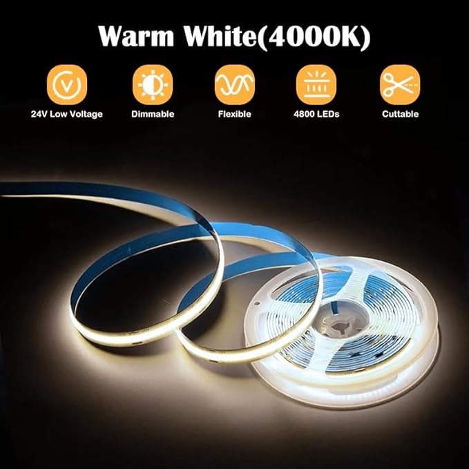 50ft 4000K DC 24V COB LED Strip Light ETL Listed, 0-100％ Brightness Dimmable Bright Warm White Led COB Strip Light, Led Strip Light for Stair, Cabinet, Room(Include AD/DC Adapter and Remote)