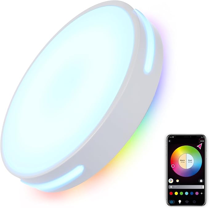 RGBIC LED Smart Flush Mount Ceiling Light, Flush Mount Light Fixture with Remote Control WiFi, Works with Alexa DIY Colors, 3000-5000K Dimmable Ceiling Light for Bedroom Living Room Entryway