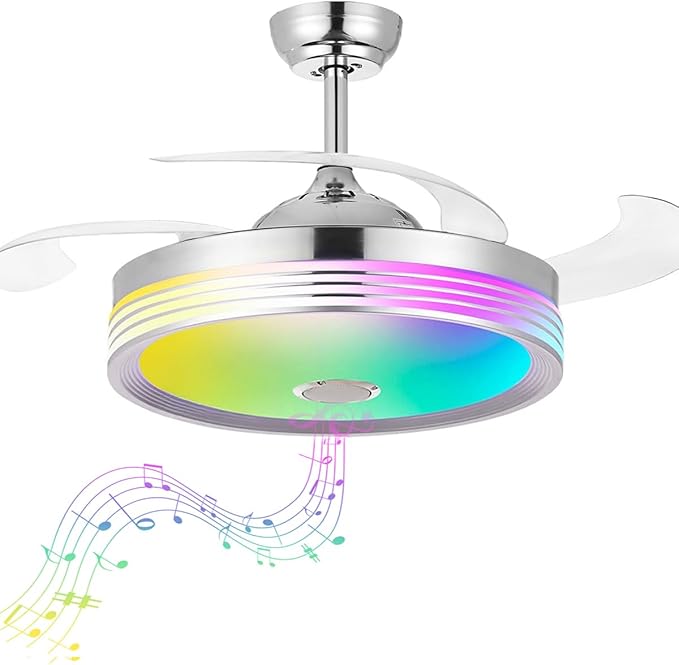 48 inch Modern Retractable Ceiling Fan with Lights and Remote Control, 6Speed Dimmable Fandelier, Smart Ceiling Fan Light with Bluetooth Speaker, RGB Color Reversible Bedroom Living Room, Chrome