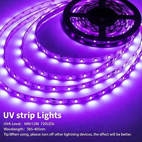 Black Light Strip, 40ft/12M Flexible LED Black Light with kit, 720 lamp Beads, 12V LED Light, Non-Waterproof for Indoor Fluorescent Dance Party, Stage, Birthday, Wedding, Dark Party