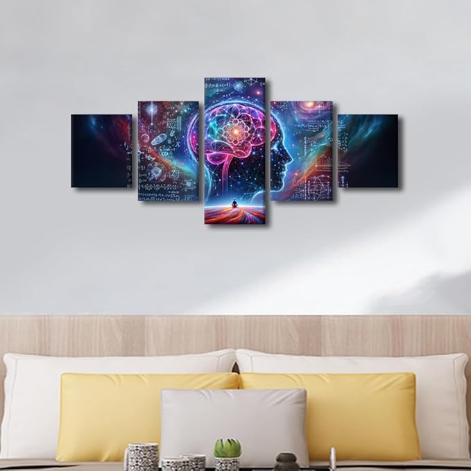 5 Panel Artificial Intelligence Wall Art Human Brain Surrounded by Data Canvas Painting Futuristic Technology Wall Posters for Bedroom Wall Decor AI Pictures for Living Room Wall Decoration 50"Wx24"H