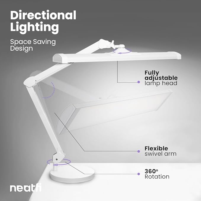 Neatfi 3,500 Lumens LED Desk Lamp – 45W Dimmable Task Light | 3 Light Modes | 540 SMD LEDs | Touch Control | 26-Inch Wide Metal Shade | Reading, Craft, Workbench & Office (CCT with Base, White)
