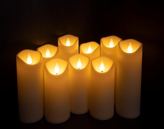 Enido 9-Piece Flameless LED Candles with Remote & Timer - 3D Flickering Real Flame Effect - Heat-Resistant Plastic Battery Operated Pillars for Home Decor, Weddings (D: 2.2” x H: 5”, 6”, 7”)