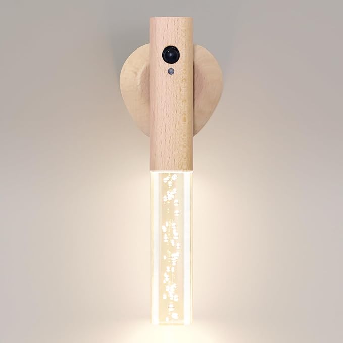 Motion Sensor Night Light Indoor, Rechargeable Night Light Wall Sconce Wooden Set of 1, Battery Powered Magnetic Wall Sconce Decor for Bedroom, Hallway, Bathroom, Stairway, Closet