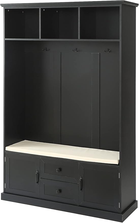 RUNNA Delicate 3-in-1 Hall Tree with 2 Cabinet and 2 Drawers,3 Open Shelves and 3 Hooks,Coat Hanger and Storage Bench,for Livingroom Hallway Entryway Use (Black#H-)
