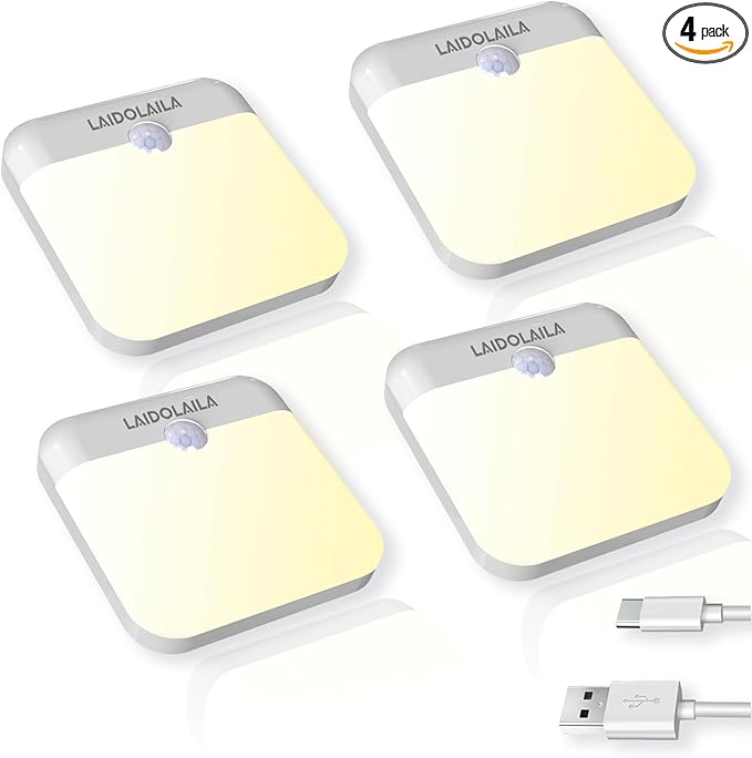 4 Pcs Magetic Night Light Motion Sensor Cruise Ship Approved with USB Cable LED Rechargeable Battery for Indoor Use in Bathroom Hallway Cabin Toilet Bed Stair Automatic Motion for Travel