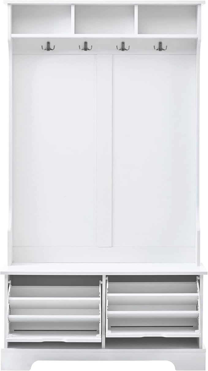 RUNNA Modern All in One Hall Tree with 3 Top Shelves and 2 Flip Shoe Storage Drawers,Bench and 4 Metal Hooks,Wood Organizer for Hallway Entryway Use (White@q)