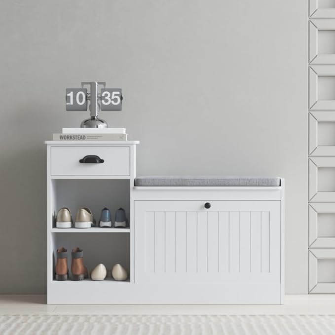 Shoe Storage Bench, Modern Wooden Shoe Cabinet with Flip Drawer and Adjustable Shelf, Entry Way Bench with Padded Seat Cushion for Entryway, Hallway, Living Room,Off-White