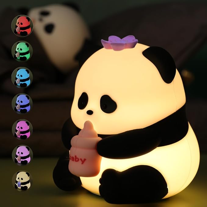 Led Cute Panda Night Light with 7 Colors, Dimmable Timer Nursery Lamps, Rechargeable Touch Control Night Lamp for Kids Adults, Used for Camping Party Room Decor(Flower Panda)
