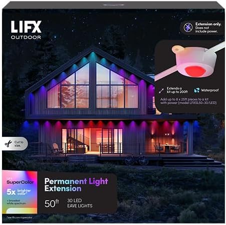LIFX 50ft Permanent Outdoor Light Extension, Smart RGBW LED Strip, Wi-Fi Enabled, Supercolor, Compatible with Alexa, Google, Requires 50ft Base Kit, for Holiday & Everyday Use, LFXSL50-30/LED/50EXT