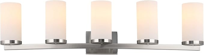 Design House Desta Vanity Light, 5-Light, Curved Bar Design, Frosted Glass Glow, Dimmable, Up/Down Mountable, E26 Socket, Satin Nickel, 38.6 in L x 6.9 in W x 9.5 in H, 589176-SN