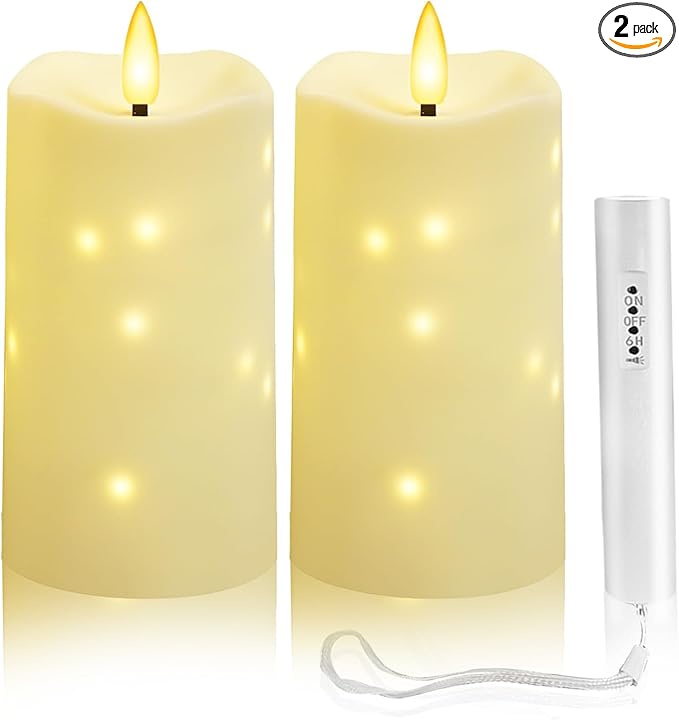 Flameless Candles Embeded Twinkle Starlight, Waterproof LED Flameless Candles with Remote, Plastics Realistic Pillar Candles for Home Decor, Outdoor Garden, Patio Decor 2pcs(Ivory)