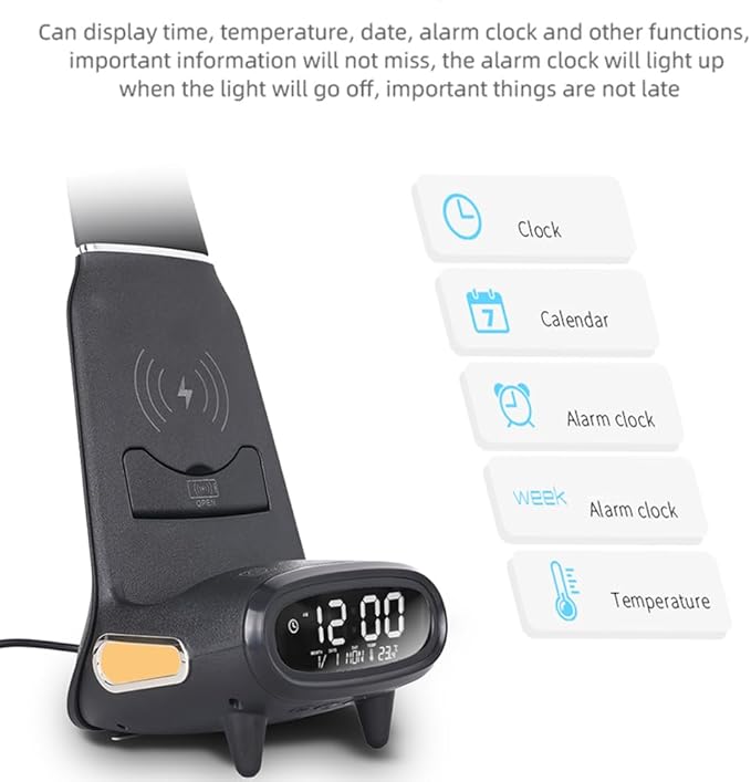 IHAO Multi Functional Smart Eye-Care Desk Lamp Wireless Charger & Digital Alarm Clock Gesture Control Adjustable Light 15W Fast Charging Hidden Phone Stand, Date Timer Display Wake-Up Light-TX79 White
