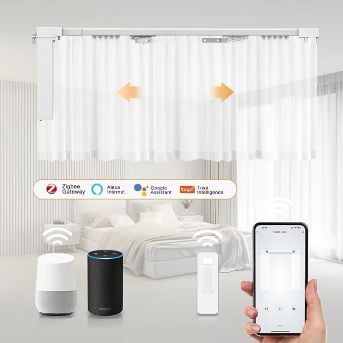 ZigBee Smart Curtain Motor with Retractable Track, Automatic Curtain Opener System 2.5N.m Motorized Drapery Rods Compatible with Alexa/Google Home (2.5-4.5 meters (98.4-177.1 inches) Adjustable)