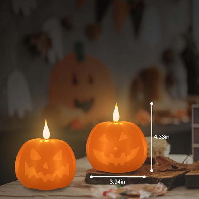 Rechargeable Flameless Candle, Flameless Pumpkin Candle with Timer Remote,LED Real Wax Pumpkin Lamp,Room Bedroom Table Decor, 1 Set of 2
