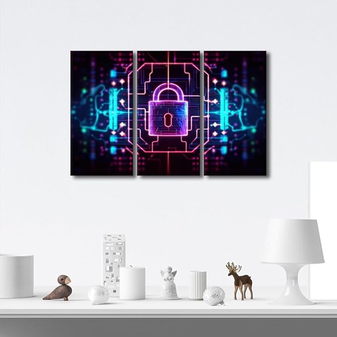 TUMOVO 3 Panels Canvas Print Art Set Padlock on Technological Circuit Background with Neon Lights, Cyber Security Concept Artwork for Home Office Hotel Decoration, Ready to Hang, 36" Wx24 H