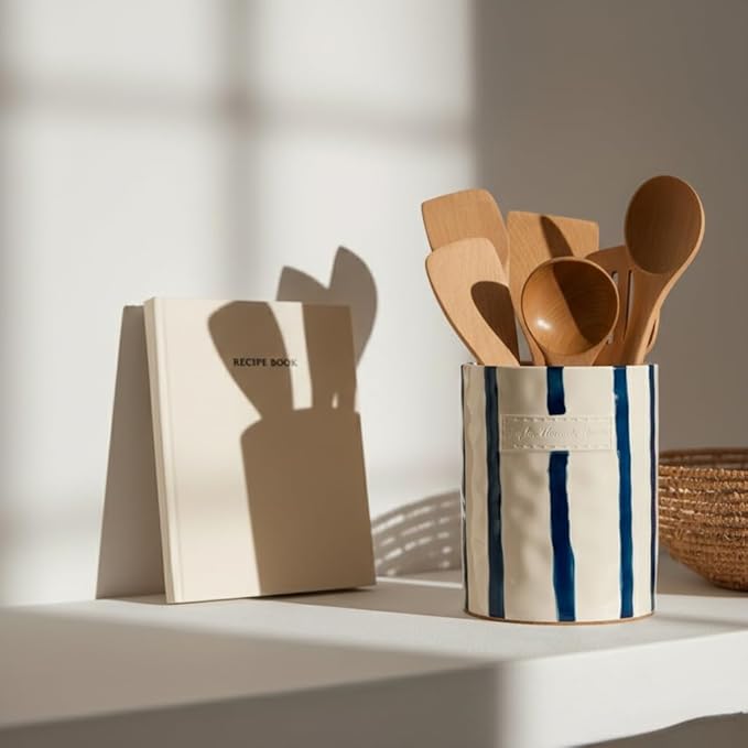 JIEMEI HOME Kitchen Utensil Holder, 7.2" Ceramic Stable Utensil Crock for Countertop, Modern Minimalism Style Cooking Tool Organizer with Cork Mat, Spatula Holder For Kitchen Decor, Blue stripes