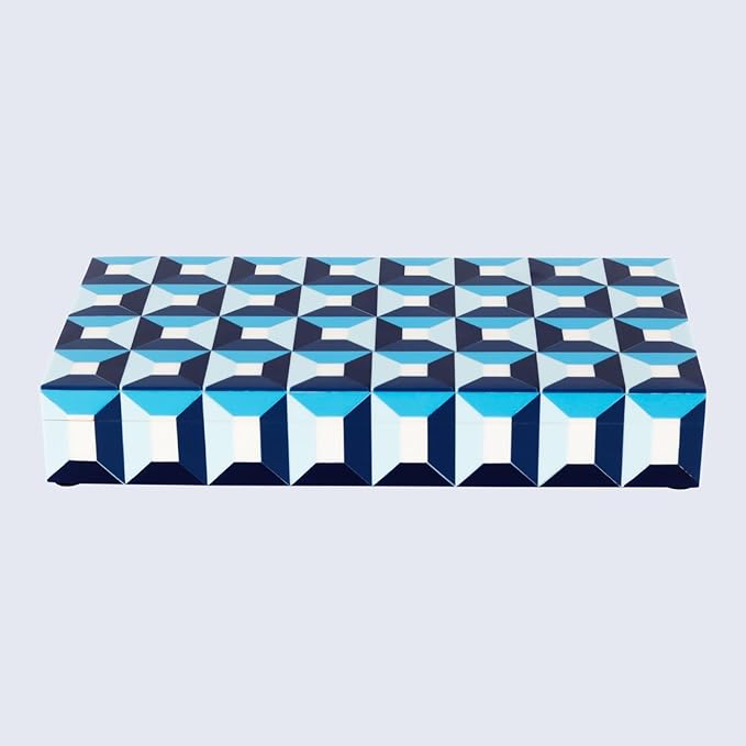 Handicrafts Home Large Blue Decorative Storage Box with Lid– Modern Coffee Table Storage Box, Geometric Resin Inlay Wooden Box, Remote Control Organizer, Keepsake Box for Coastal Decor- 12x6x2