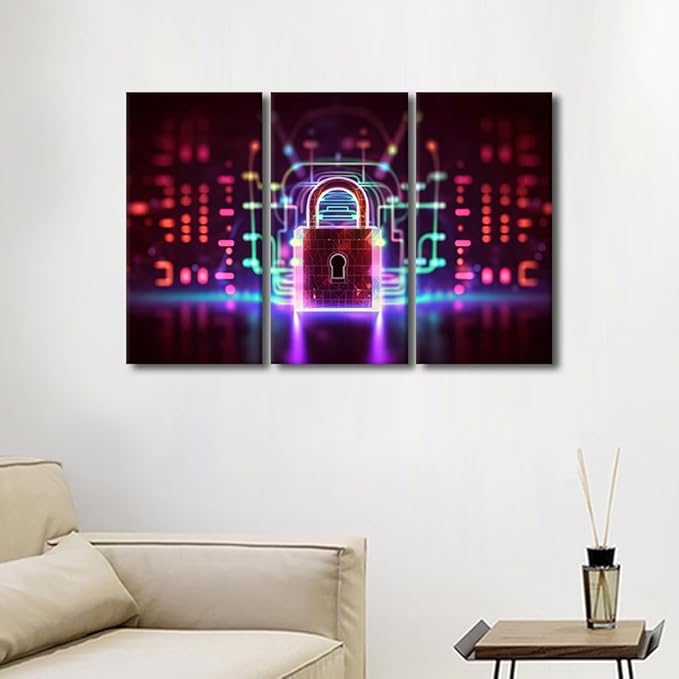 TUMOVO 3 Panels Modern Wall Art Padlock on Technological Circuit Background with Neon Lights Pictures Print on Canvas for Home Office Wall Decorations, Cyber Security Concept Artwork, 42" Wx28 H