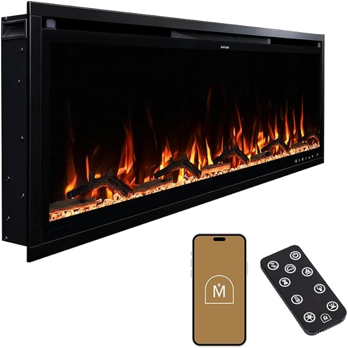 Modern Ember Aerus Slim 50 Inch Smart Linear Electric Fireplace | Recessed in-Wall or Wall-Mount | LED Multiple Flame Colors | Alexa/WiFi Enabled | 4.25” Profile | Remote Included
