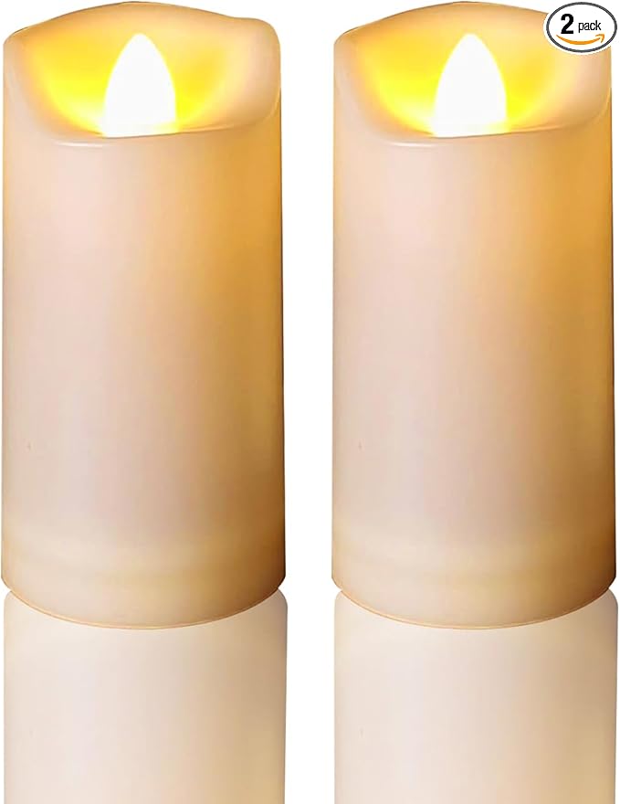 Battery Operated Plastic Flameless LED Pillar Candle with Cycling Timer, Realistic Flickering Electric Light for Indoor Outdoor Bookshelf Wedding Dinner Party Centerpiece Fireplace Decor 2 Pack