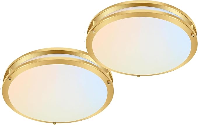 hykolity 16 inch Dimmable LED Flush Mount Ceiling Light Fixture, Gold, 36W, 2200LM, 2.7/3/3.5/4K/5K Adjustbale, 120°Light Angle, CRI90, Ceiling Lamp for Bedroom, Kitchen, Office, ETL Listed 2Pack