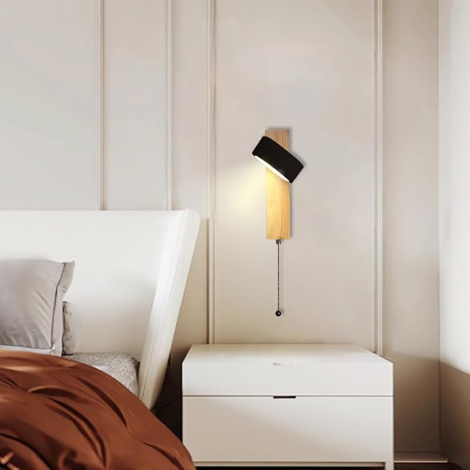 7W LED Black Travertine Wall Light, Wabi Sabi Style Wall Lamp, Natural Stone Wood Base Wall Sconce with Zipper Switch, Bedroom Living Room Balcony Wall Mounted Light Fixtures