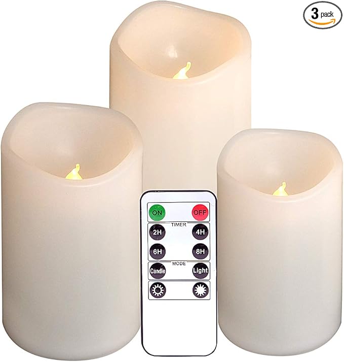 Eldnacele Waterproof Flameless Flickering Candles Weatherproof Battery Operated LED Candle with Remote and Timer White Plastic Pillar Candles Pack of 3 for Indoor Outdoor Lanterns D3”x H4” 5” 6”