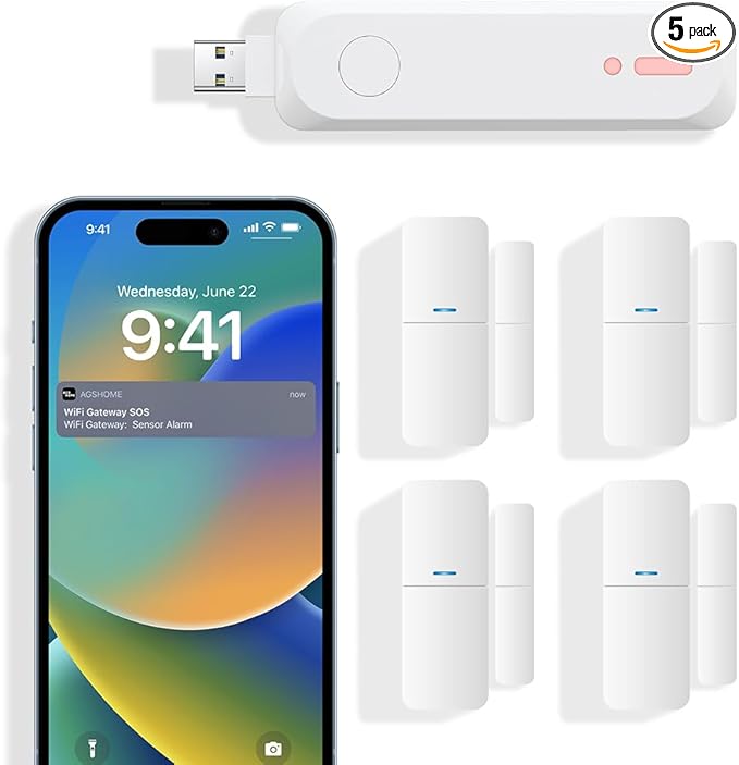 Home Alarm System 5-Piece kit, Door Window Sensors WiFi Slient Alarm System for Kids Safety, Wireless Home Alarm Security System DIY, No Contract, App Alert for Home Apartment, 2.4G WiFi Only