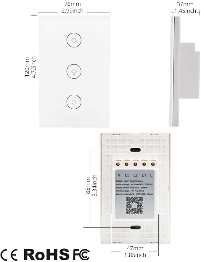 MOES WiFi Smart Wall Touch Light Switch Glass Panel Wireless Remote Control by Mobile APP Anywhere Compatible with Alexa,Timing Function No Hub Required (Wall Switch 3 Gang)