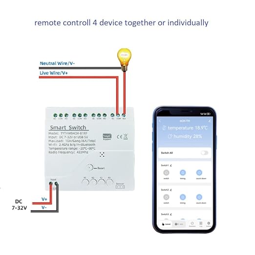 4 Channel Tuya app Dry Contact WIFI Wireless Smart Temperature Humidity Sensor Realy Switch,Compatible with Alexa Google Home, TYTHWB4CH-B1RF